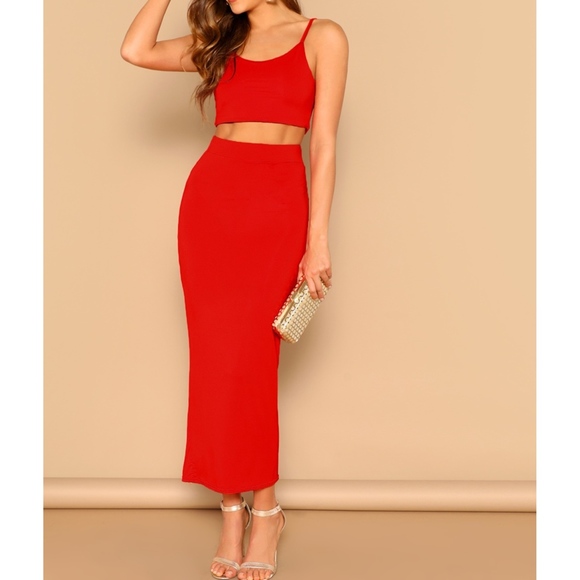 Red Corset Crop Top & Bodycon Maxi Skirt Set